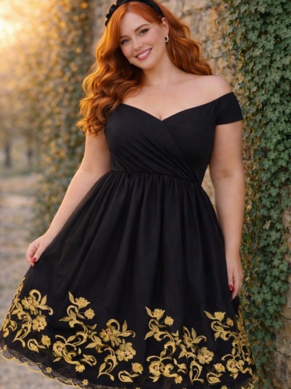 Torrid Retro Chic Black Off-Shoulder Midi Dress with Gold Floral Embroidery